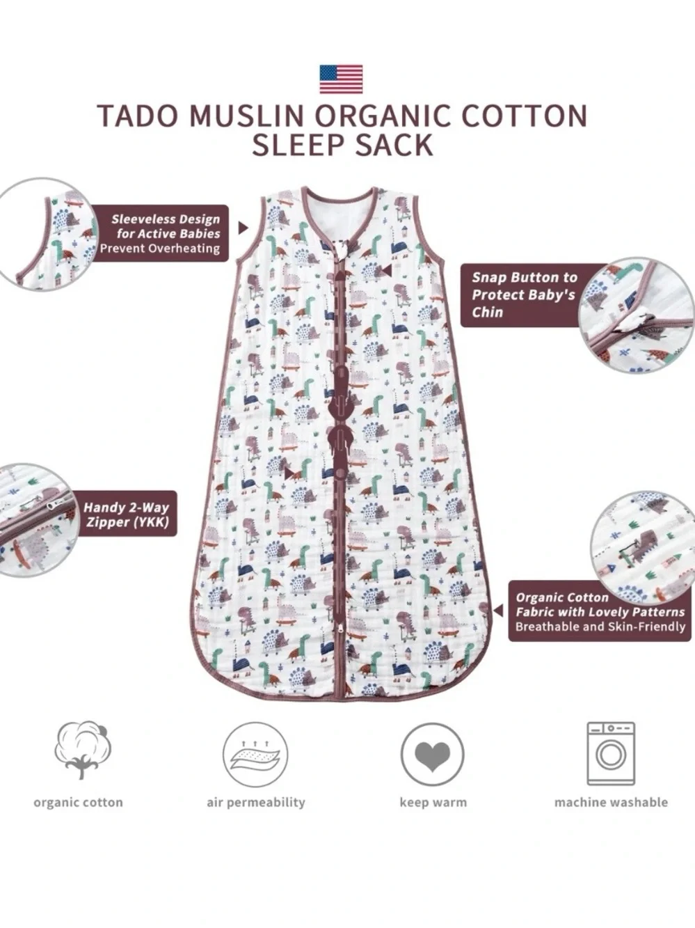 TADO Muslin Organic Cotton Toddler Sleep Sack - Dinosaur 2T-4T (0.5 TOG) NWT